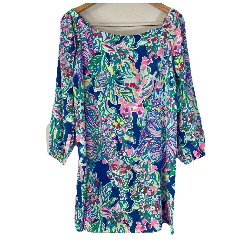 Lilly Pulitzer Adira Silk Off Shoulder Dress Size M Indigo Exotic Escapade EUC